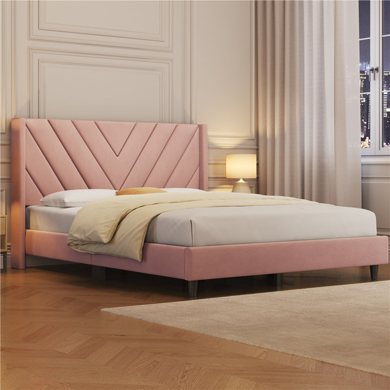 Permelia Upholstered Bed Tufted Headboard with Wing Side, Queen, Pink