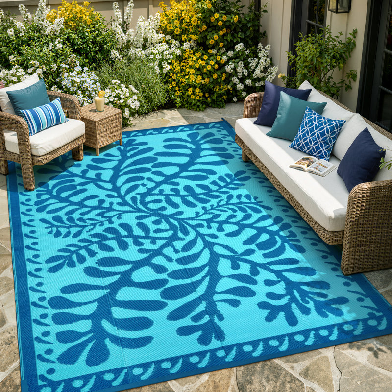 Reversible Waterproof Plastic Straw Outdoor Area Rug for Patio, Camping, Beach,RV & Pool Deck, Blue, Rectangle 6' x 9'