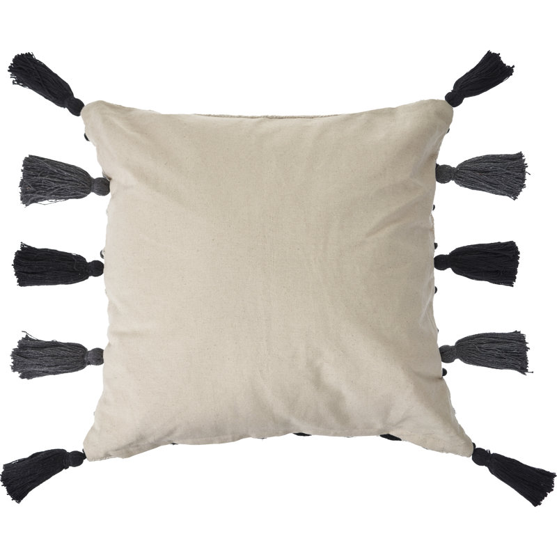 Square Black and Cream Embroidered Tasseled Throw Pillow