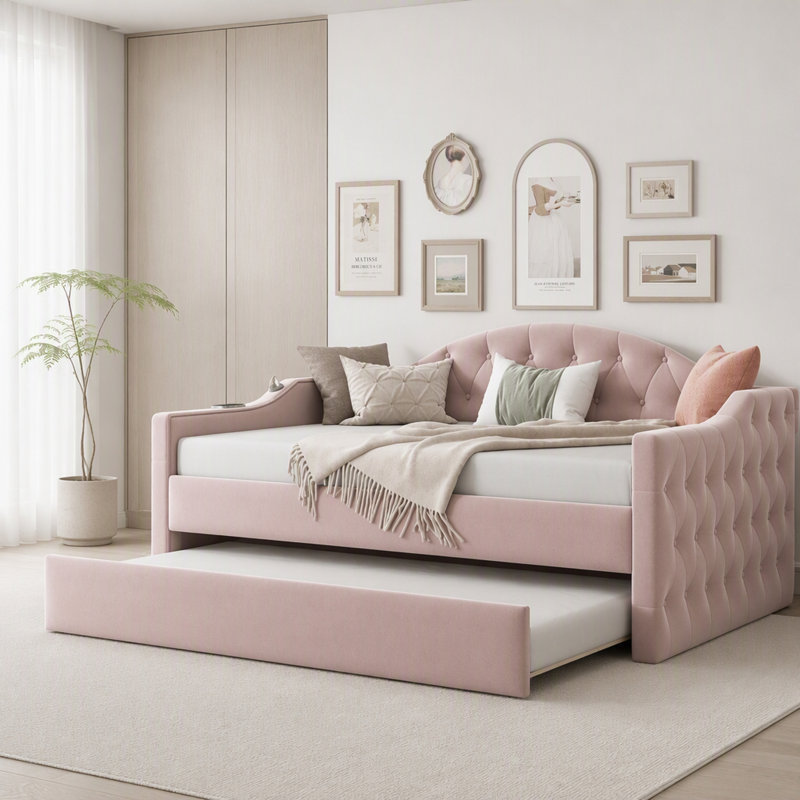 Lit de jour simple rembourré en velours capitonné, gigogne escamotable, ports de charge USB et Type-C, rose, Pink