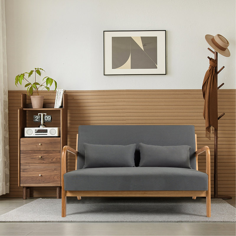 Chaise de loisirs Modern 2 avec pieds en bois massif, rembourrage en éponge, tissu de lin, accoudoirs et éponge de couleur gris foncé, gris respirant, aspect