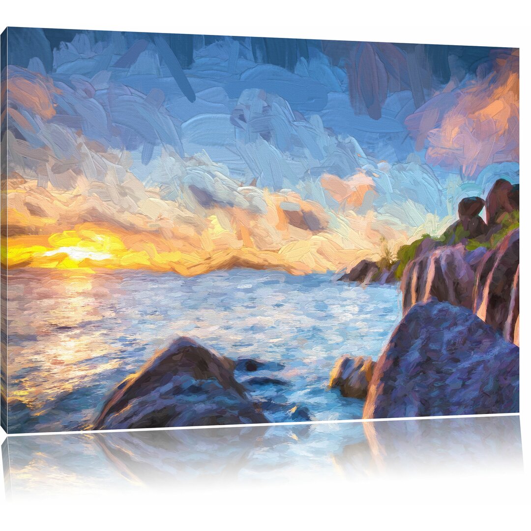 Leinwandbild "Sonnenuntergang auf den Seychellen", Grafikdruck