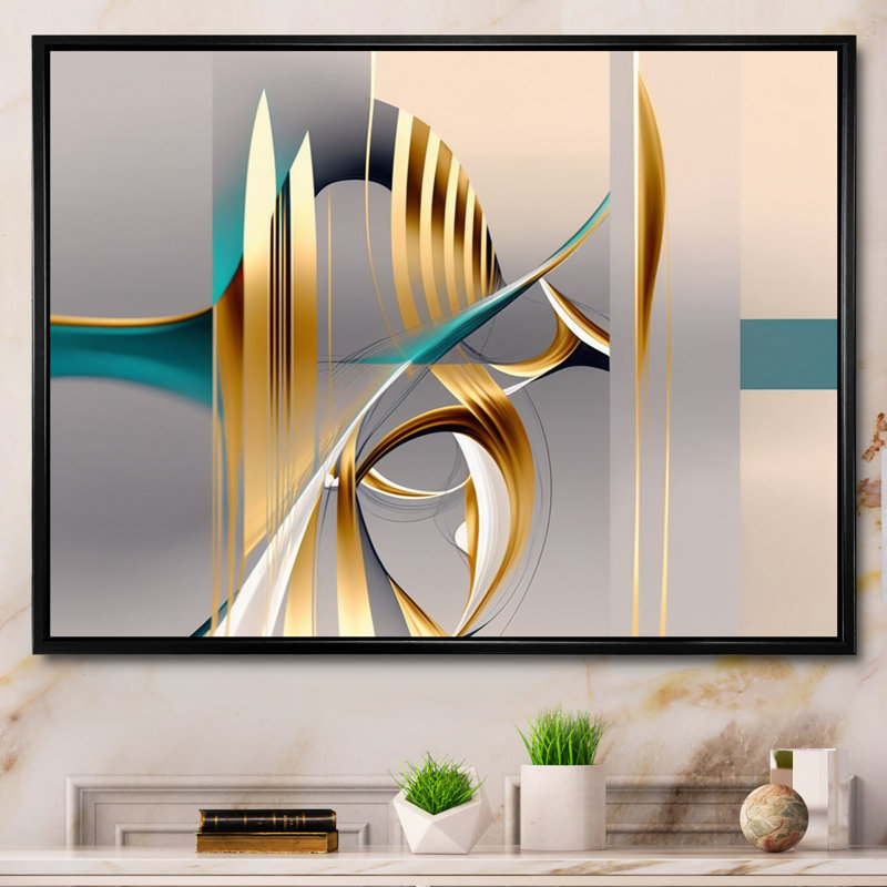 «Minimal Gold Abstraction On Turquoise Horizon I», art mural fractales, H 16 po x l 32 po x P 1 po, Cadre flottant noir