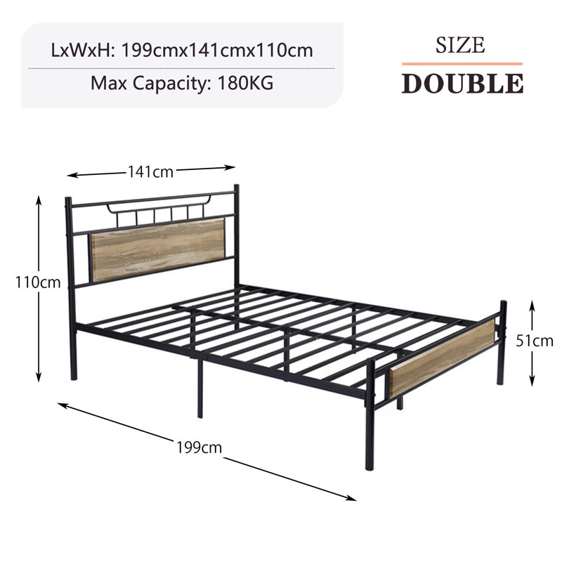 Metal Platform Beds Single Double Size with Wooden Headboard and Footboard, Rustic Vintage Bed Frame with Strong Steel Slats, No Box Spring Needed
