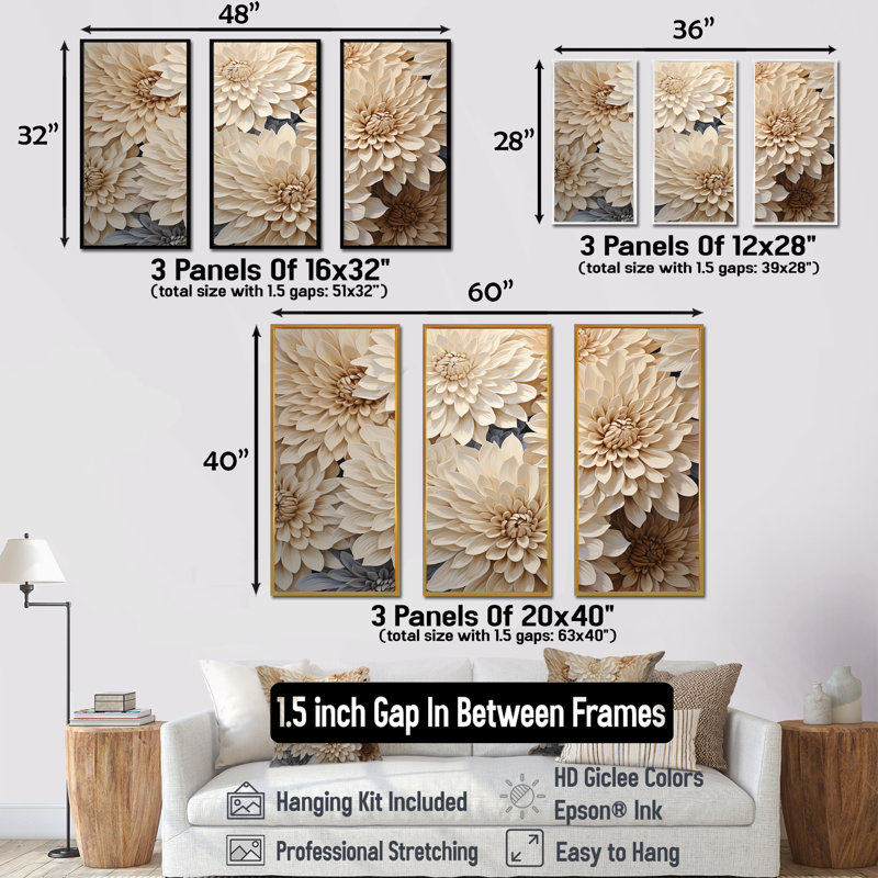 Minimalisme Blooming Mums en beige et or I - Mums Wall Art, ensemble de salon, Cadre flottant doré