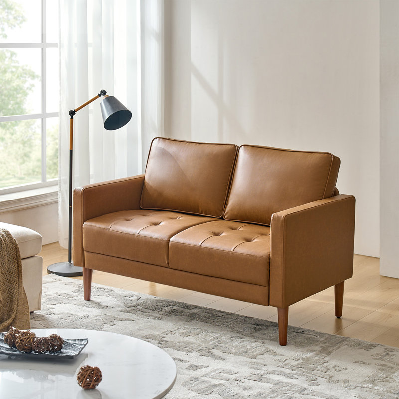 Faux Leather Upholstered Loveseat with Solid Wood Legs, Camel