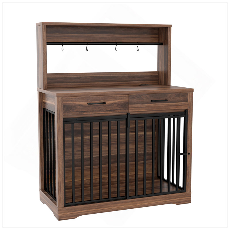 Meuble pour cage 38 po, table cage robuste avec 2 tiroirs de rangement et tablettes, table d'appoint latérale avec porte coulissante pour chien à l'intérieur, brun