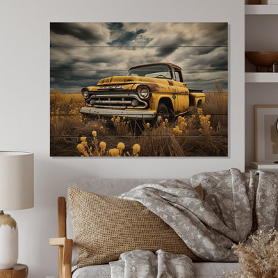 Camionnette jaune II, impression rustique sur bois