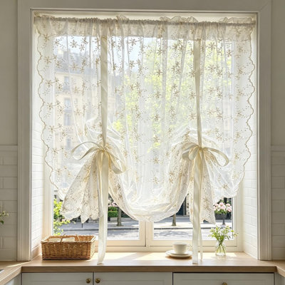 Beige Romantic Little Floral Woven Lace Tie Up Balloon Curtain Liftable Tier Roman Blind Scallop Edge Lace Cafe Curtain Victorian Drapes