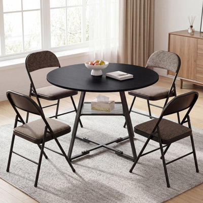 Ensembles de table de salle à manger: table de salle à manger ronde à pieds croisés avec tablette de rangement en filet et chaises pliantes rembourrées en tissu