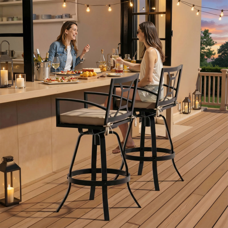 Tabouret de bar d'extérieur pivotant en aluminium avec coussin Sunbrella, Toile beige antique