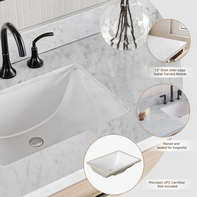 ARIEL Camila 73 Double Sink Bathroom Vanity with Italian Carrara Marble Top, Rectangular