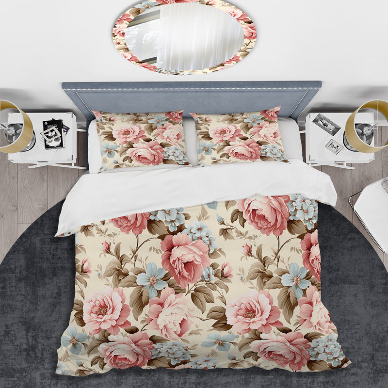 Ensemble de housse de couette Vintage Roses Grace Victorian, Housse de couette pour grand lit et 2 taies décor