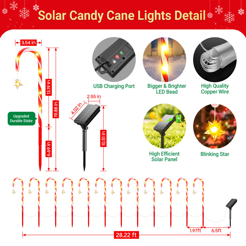 Décorations de Noël pour l'extérieur, lumières de canne à sucre solaires pour l'extérieur