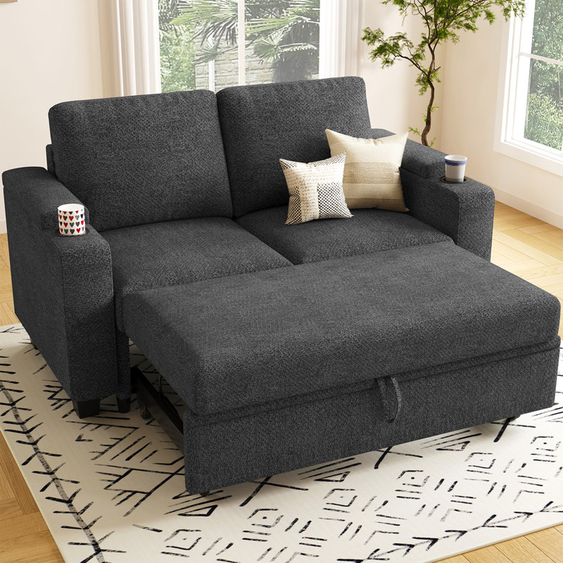 Penelopa Bujesily Chenille Double Seat Sofa Pull Out Bed Sofa Couch For Apartment, Black