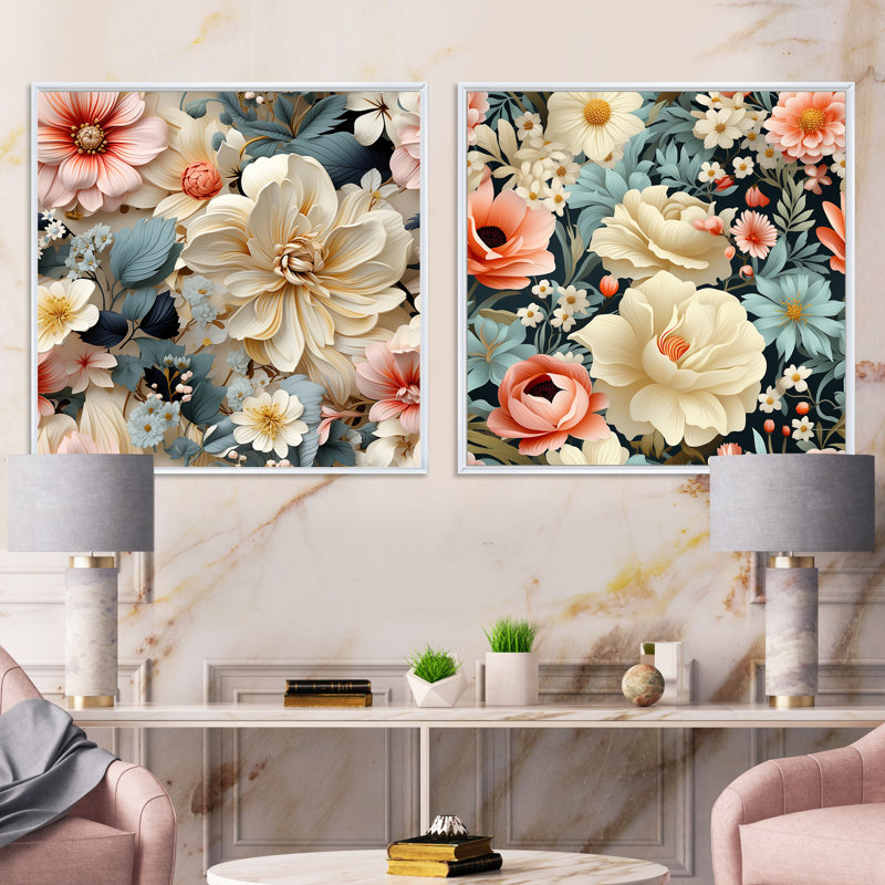 Tourbillon de jardin floral blanc et bleu, Cadre flottant blanc, H 36 po x l 73 po