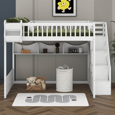 Queen Size Wooden Loft Bed With Staircase And Wardrobe, Bunk Bed With Under-Bed Space And Storage Open Shelves by Latitude Run