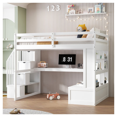 Lit mezzanine double avec bureau et tablettes, escalier de rangement, deux tiroirs - Mobilier de chambre blanc peu encombrant