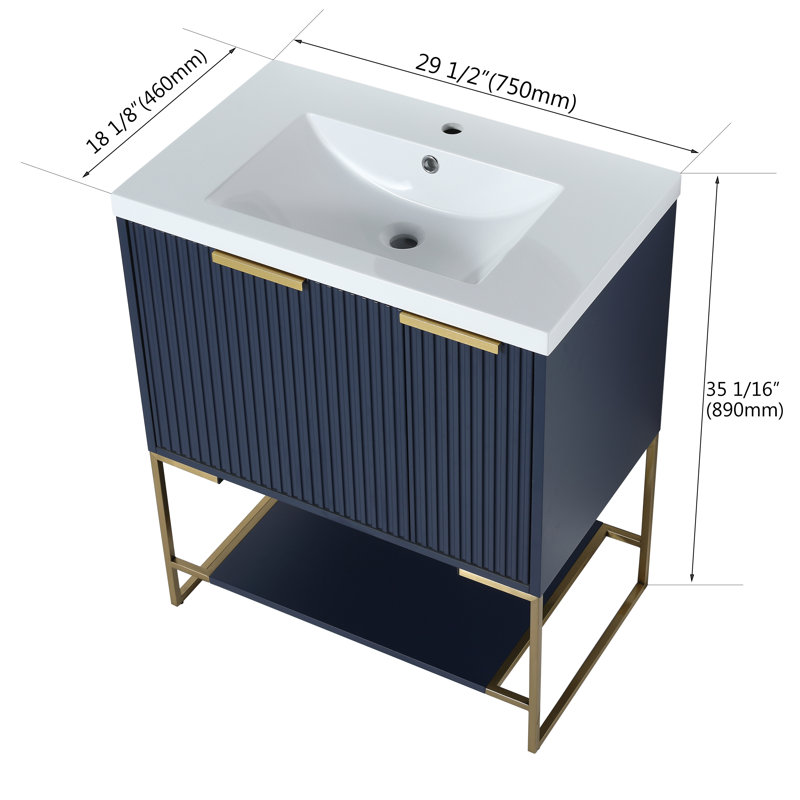 Millur 30'' Single Bathroom Vanity with Resin  Basin Top,2 Soft Close Doors and Open Shelf, Blue, Gold