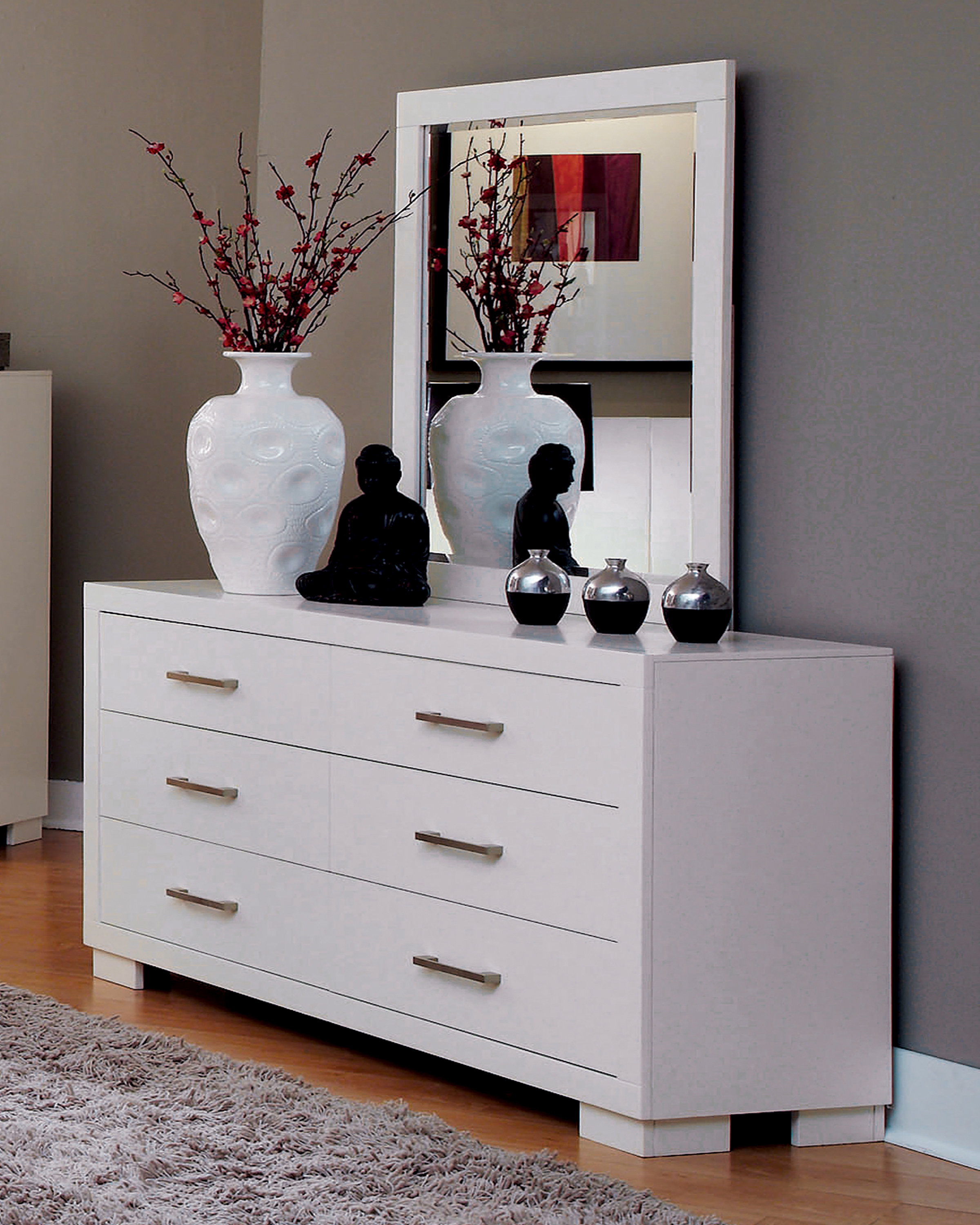 Celestial Dresser with Jewelry Storage, Mirror, 2 Drawers, and Single Door Cabinet Latitude Run Color: White