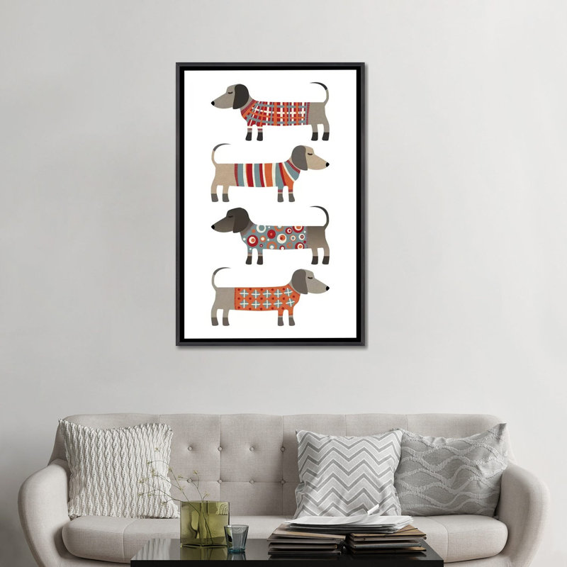 «Sausage Dogs in Pulls» par Nic Squirrell - impression, H 48 po x l 32 po x P 1,5 po, Toile avec cadre noir patiné