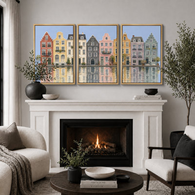 Colorful European Canal Houses Artwork, Living Room Pictures, Framed Canvas Giclee Print 3 Pieces Wall Art