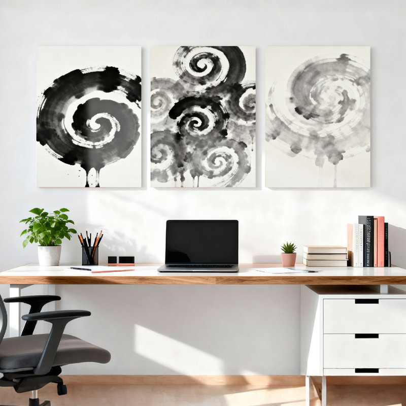 Abstrait, encre spirale encre abstraite, reproduction d'art en noir et blanc (ensemble de 3), H 18 po x l 36 po