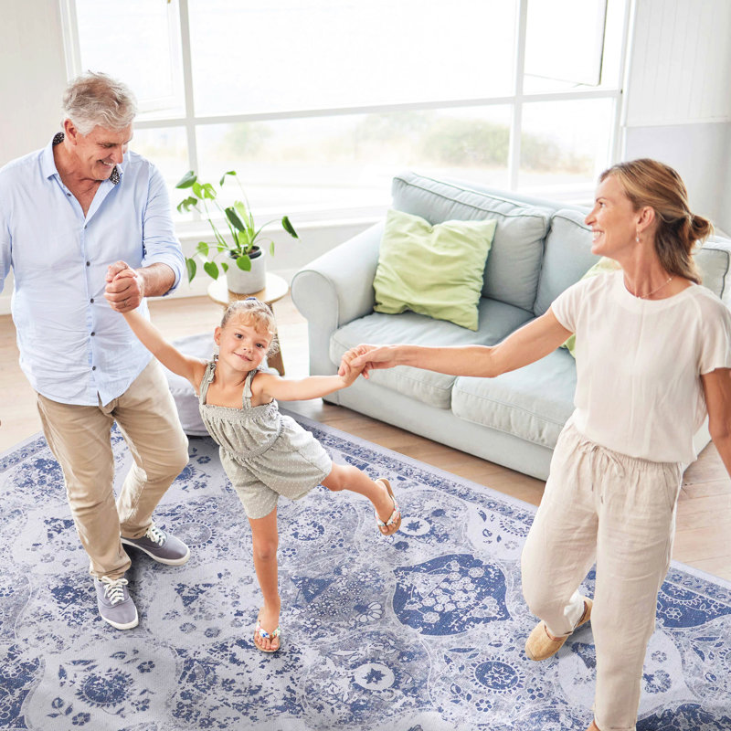 Tapis 9 x 12 bleu - antidérapant, à poils courts, lavable, pliable, pour un salon confortable