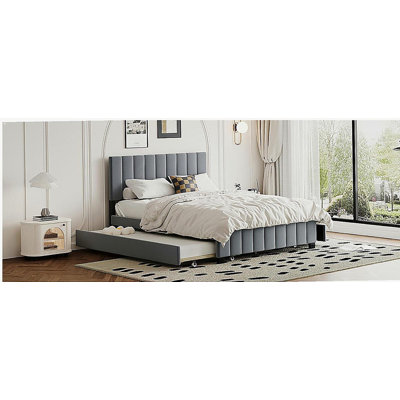 Lit plateforme double en velours avec 2 tiroirs et 1 lit double TG - gris