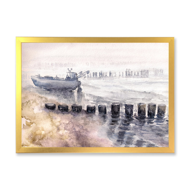 Bateau de pêche dans le port - Peinture sur toile, H 16 po x l 32 po, Cadre doré