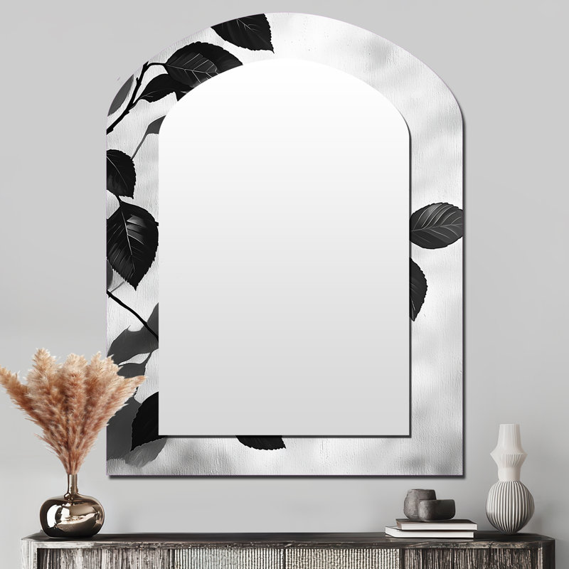 «Black Leaves Shadow Silhouette I», grand miroir mural asymétrique traditionnel, 43 po x 33 po