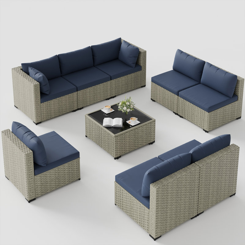 Ensemble de conversation 9 pièces en rotin pour patio avec coussins 9 pièces, Marine