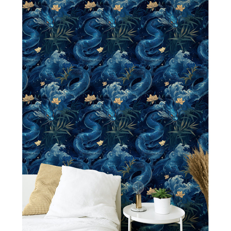 Décoration murale amovible à motif floral bleu Koi