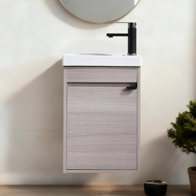 Meuble-lavabo mural simple moderne de 40 cm (16 po) avec comptoir en céramique et revêtement en bois.