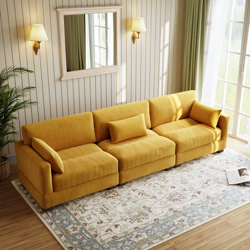 Maelina 3 - Piece Upholstered Orange Corduroy Modular Sectional Sofa with Pillow Back and Solid Wood Legs, Orange