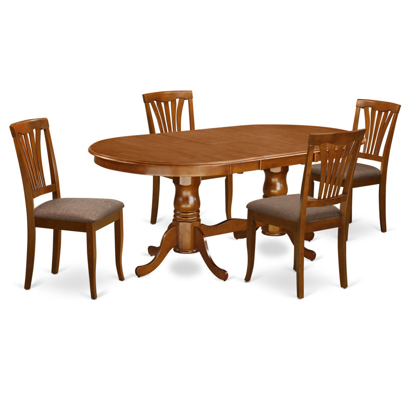 Ensemble de salle à manger 5 pièces comprenant une table ovale en bois avec rallonge papillon et 4 chaises de salle à manger en lin, 107 x 198 cm, brun selle