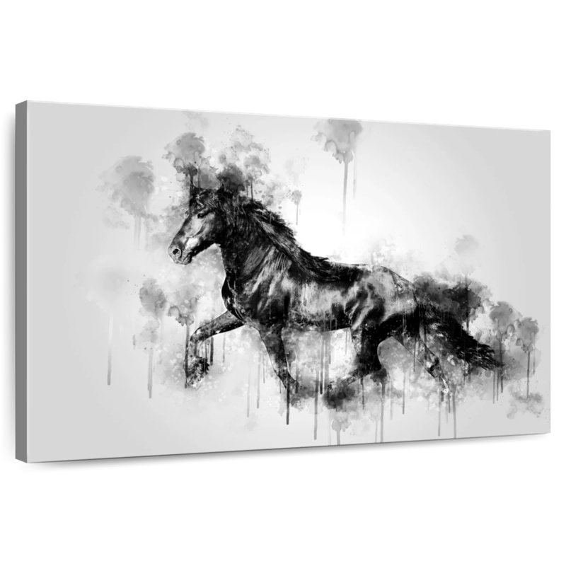 Cheval noir qui court en noir et blanc, H 30 po x l 45 po
