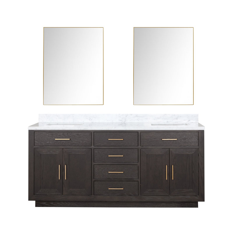 Ensemble de meuble-lavabo double 72 "avec miroir, Chêne brun, Marbre de Carrare blanc