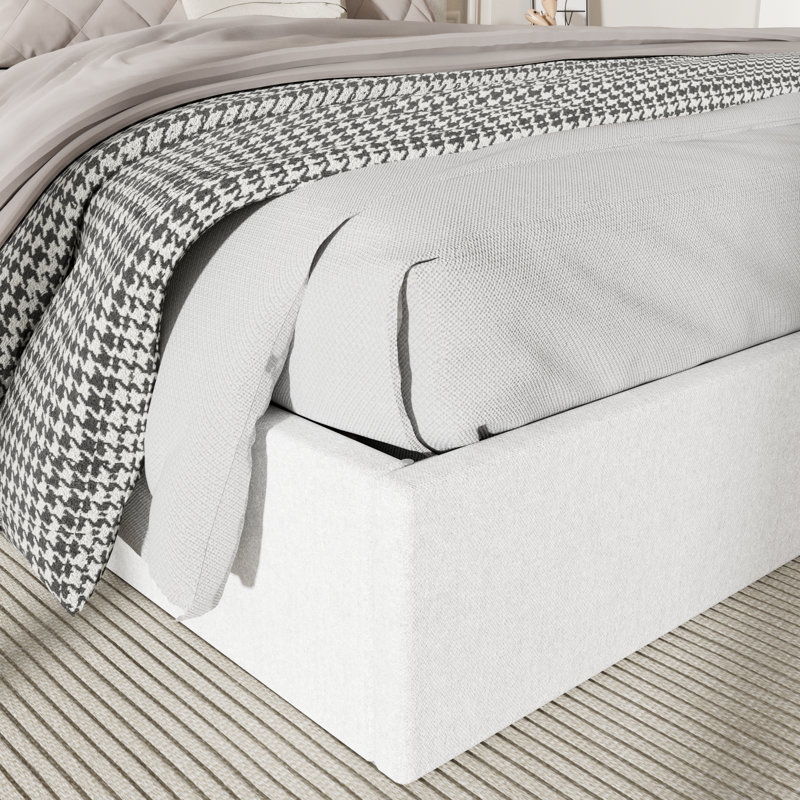 Lit plateforme tapissier rembourré en lin avec rangement relevable et support de lattes renforcé, Blanc pur, KIng