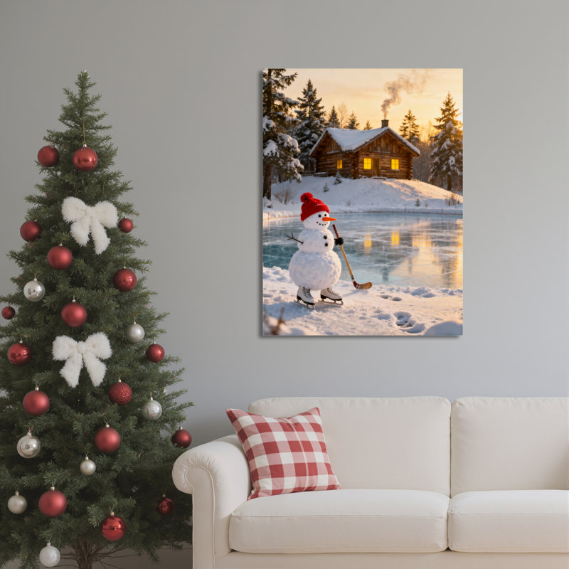 «Snowman Winter Cabin», art mural sur toile, H 36 po x l 24 po