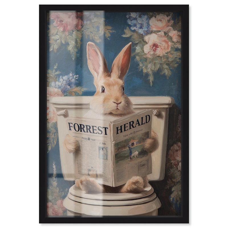 Reproduction d'art mural de salle de bain "Rabbit in Garden toilettes" par Art Remedy, cadre noir, 17 x 25, H 25 po x l 17 po