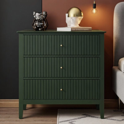 Table de chevet cannelée de 32 po de largeur à 3 tiroirs - Grande table de bout noire avec boutons dorés, tiroirs à fermeture en douceur - Armoire de rangement moderne pour le salon, spacieux tiroirs de 28,5 po de largeur