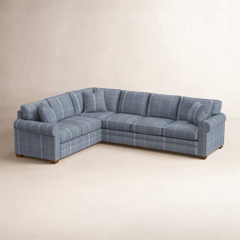 Bedford Upholstered L-Sectional, Havana Finish, Left Hand Facing, Blue Chenille/Velvet Solid; 0809-63