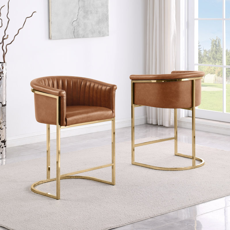 Tabouret Leathaire avec base en chrome doré, Caramel