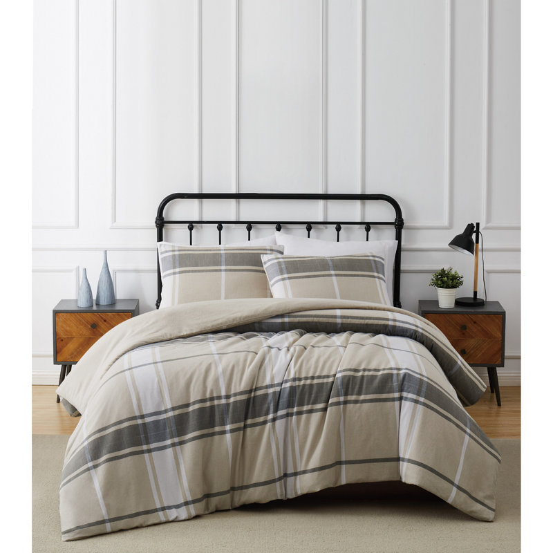 Gray Plaid Cotton Full Bedspread Set with Down Alternative