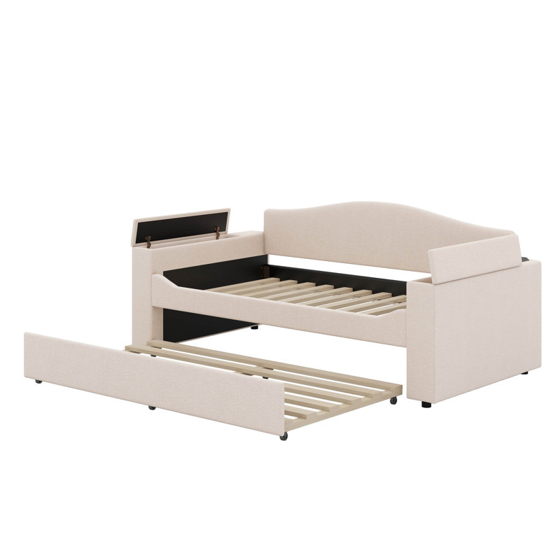 Twin Size Upholstered Daybed With Trundle,Storage Armrests And Latest Integrated Bluetooth Audio System, Beige