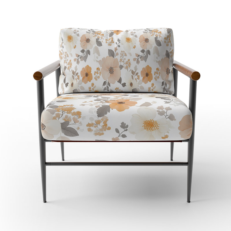 Chaise rembourrée Boho - Fauteuil jaune saisonnier Bloom, Bras ronds bruns