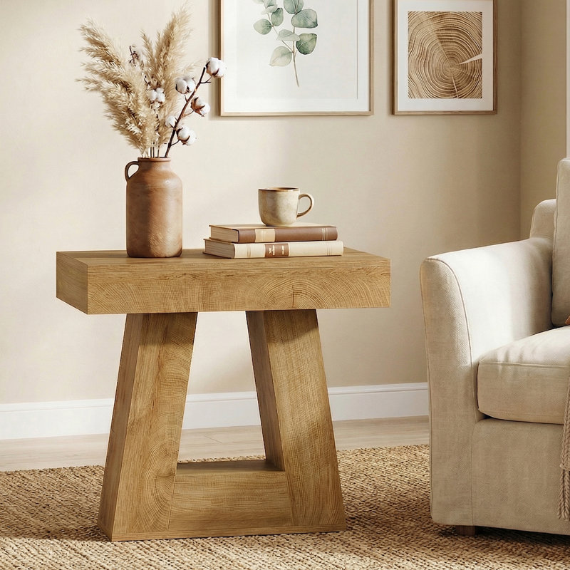 Table de bout en bois, petite table d'appoint à 2 niveaux avec base stable, Bois naturel