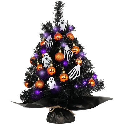 20" Mini Halloween Tree Black Tree Artificial Mini Halloween Tree with Purple LED Lights, Orange Balls Ornaments, Skeleton Hand and Ghost Decorations for Halloween Tabletop Decoration