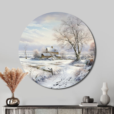 Paysage de ferme enneigé en hiver - paysages d'art rond en métal